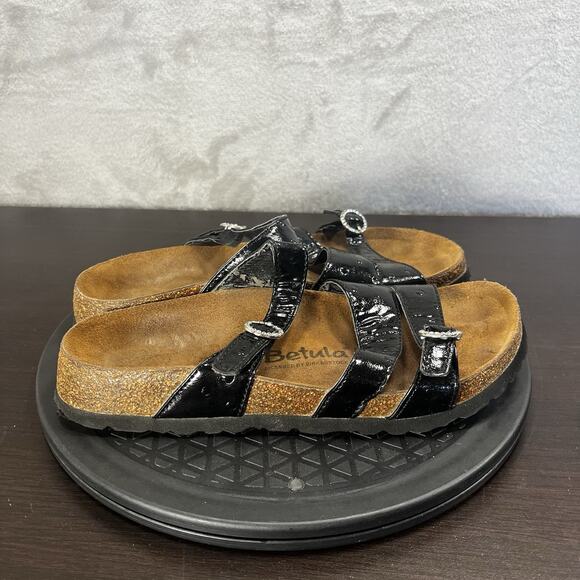 Betula Birkenstock SILVER Women Size 8N Black Buckle 3 Strap Leather Sandals - Picture 1 of 8